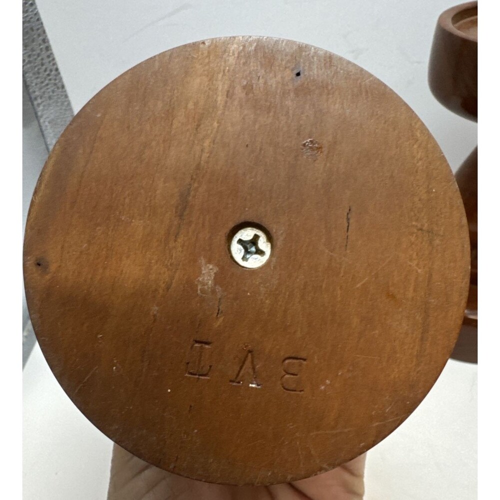 Pair Heavy VTG MCM Hardwood Pillar Candlesticks Hand Turned Signed 6.5 Inches - Picture 5 of 6